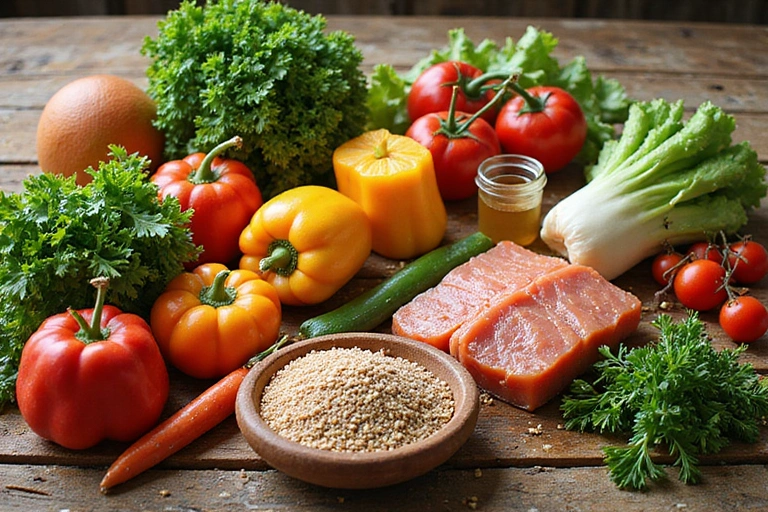 Various healthy food ingredients arranged artfully on a wooden table, representing a balanced diet